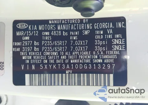 2013 Kia Sorento Lx from USA, damaged, VIN 5XYKT3A10DG313297